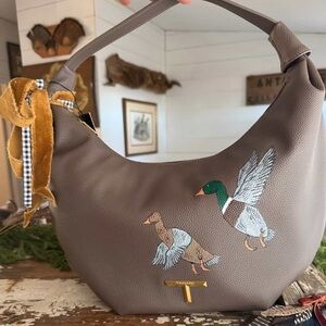 Tahari Brown Hobo Bag with Duck Embroidery